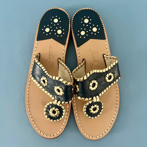 Jack Rogers Nantucket Midnight Blue Gold Leather Whipstitch Flat Sandals - Picture 7 of 9